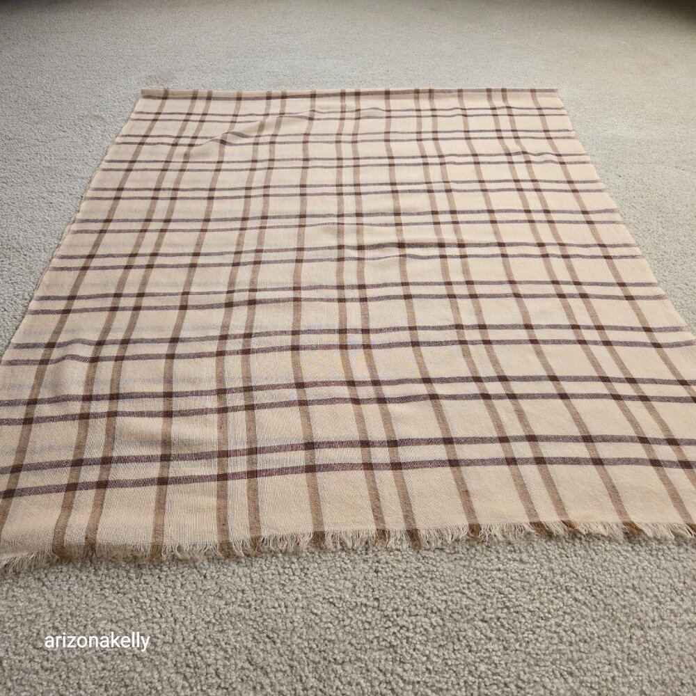 NWOT 100% Merino Wool Woven Tan Plaid Scarf Wrap Lightweight Variously - Picture 9 of 10